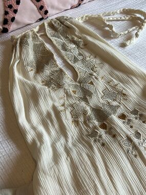 Jen's Pirate Booty Ivory Halter Maxi Dress with Gold Embroidery